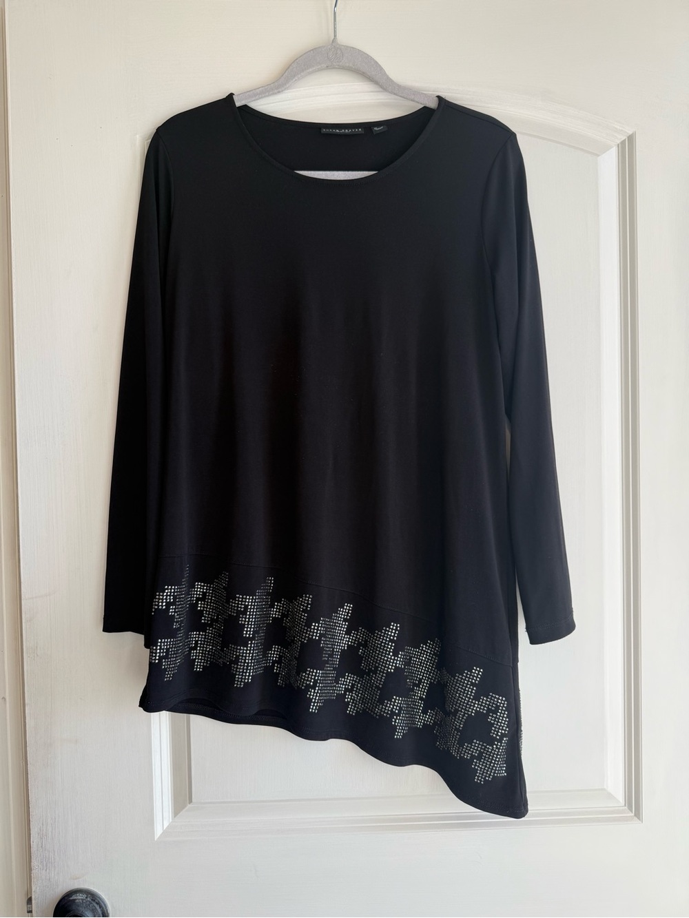 Susan Graver Black Long Sleeve Asymmetric Hem Top with Stud Detail